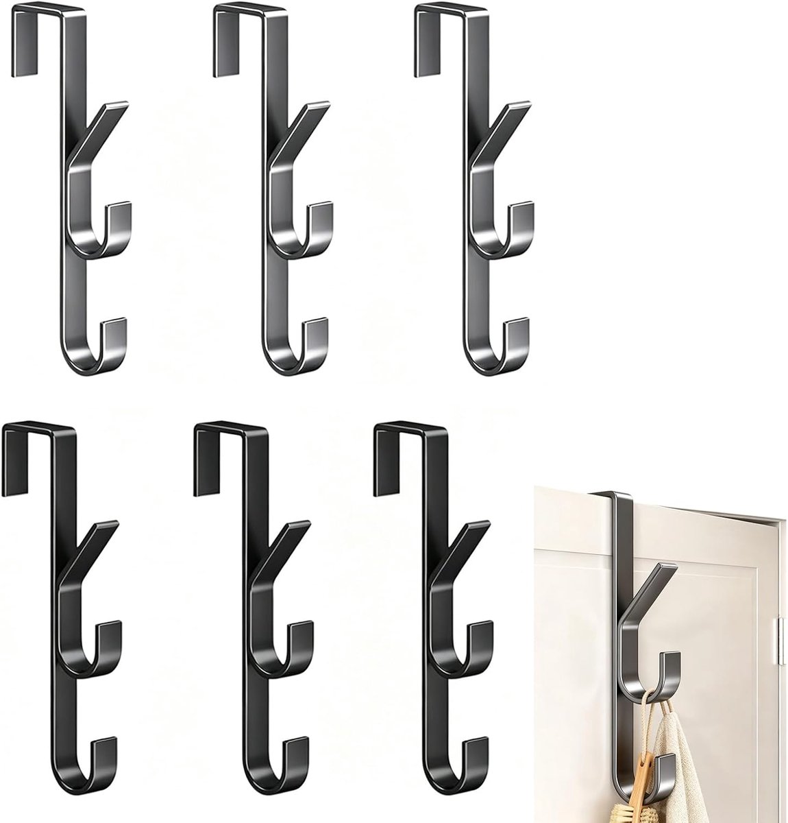 Hangdekhaken set van 6 metaal - RVS look - voor deuren tot 4,2 cm - zonder boren, ideaal voor kleding - ShopVlot
