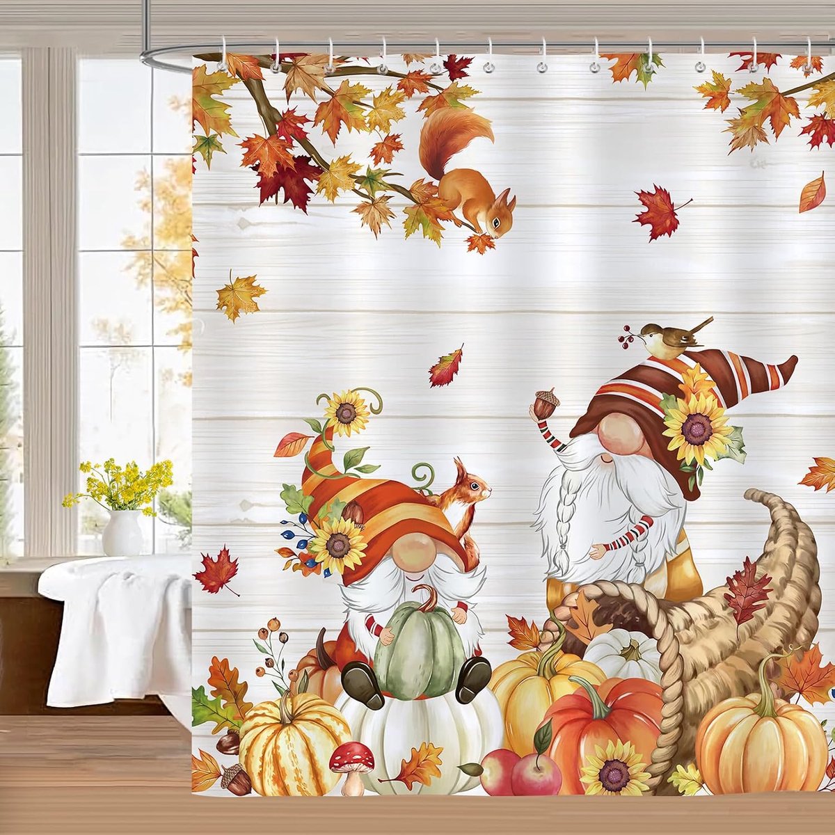Douchegordijn herfst gnomes - 180x180 cm - waterdicht polyester - vrolijke uitstraling voor badkamer - ShopVlot
