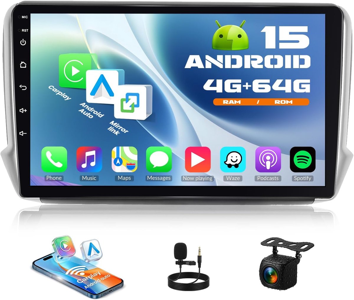 Android Auto 2DIN Car Radio 10.1" - 4GB RAM 64GB ROM - GPS Navigatie en Bluetooth - Perfect voor Peugeot 208/2008 - ShopVlot