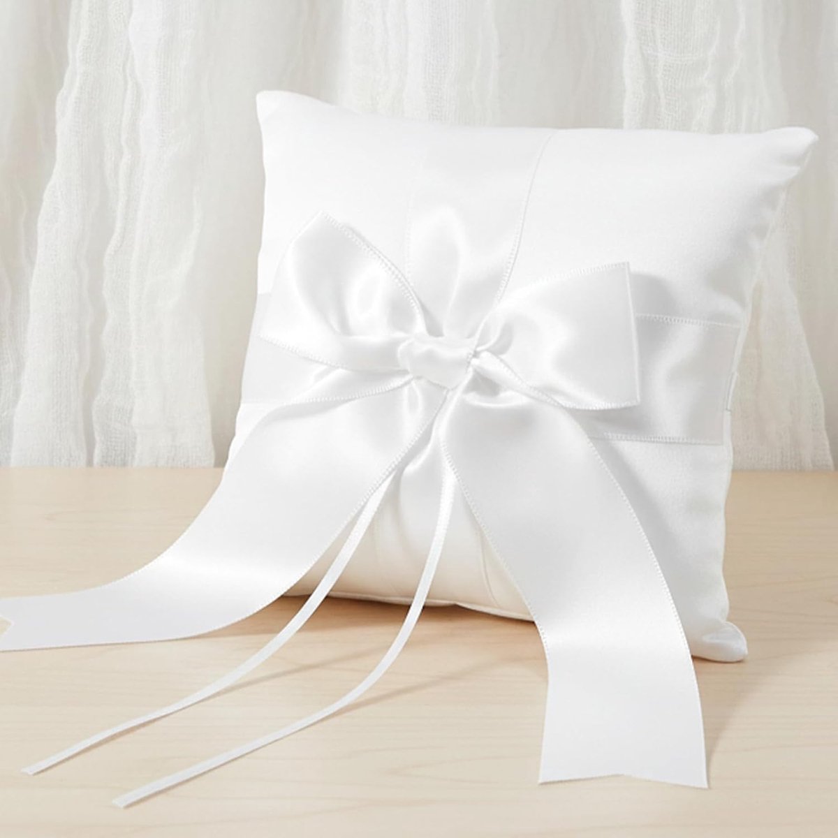 Skrfren Satin Ribbon Wedding Ring Pillow, White Ring Bear Pillow with Beautiful Bow White Bridal Pillow Carrier - ShopVlot
