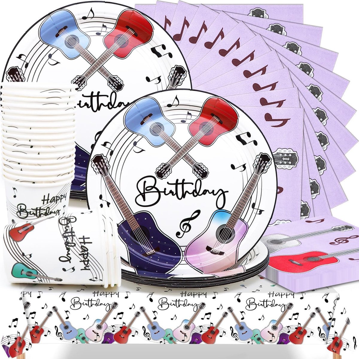 Rock and Roll Party Tableware Set, Guitar Birthday Party Tableware, 20 Plates, 20 Cups, 20 Napkins and 1 Tablecloths - ShopVlot