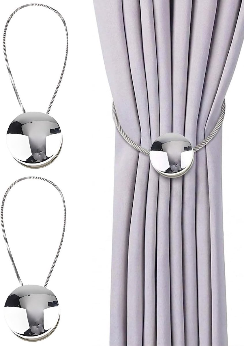 Magnetische gordijnhouders - 2 stuks decoratieve gespen voor gordijnen, haken voor slaapkamer en kantoor, zilverkleurig en praktisch