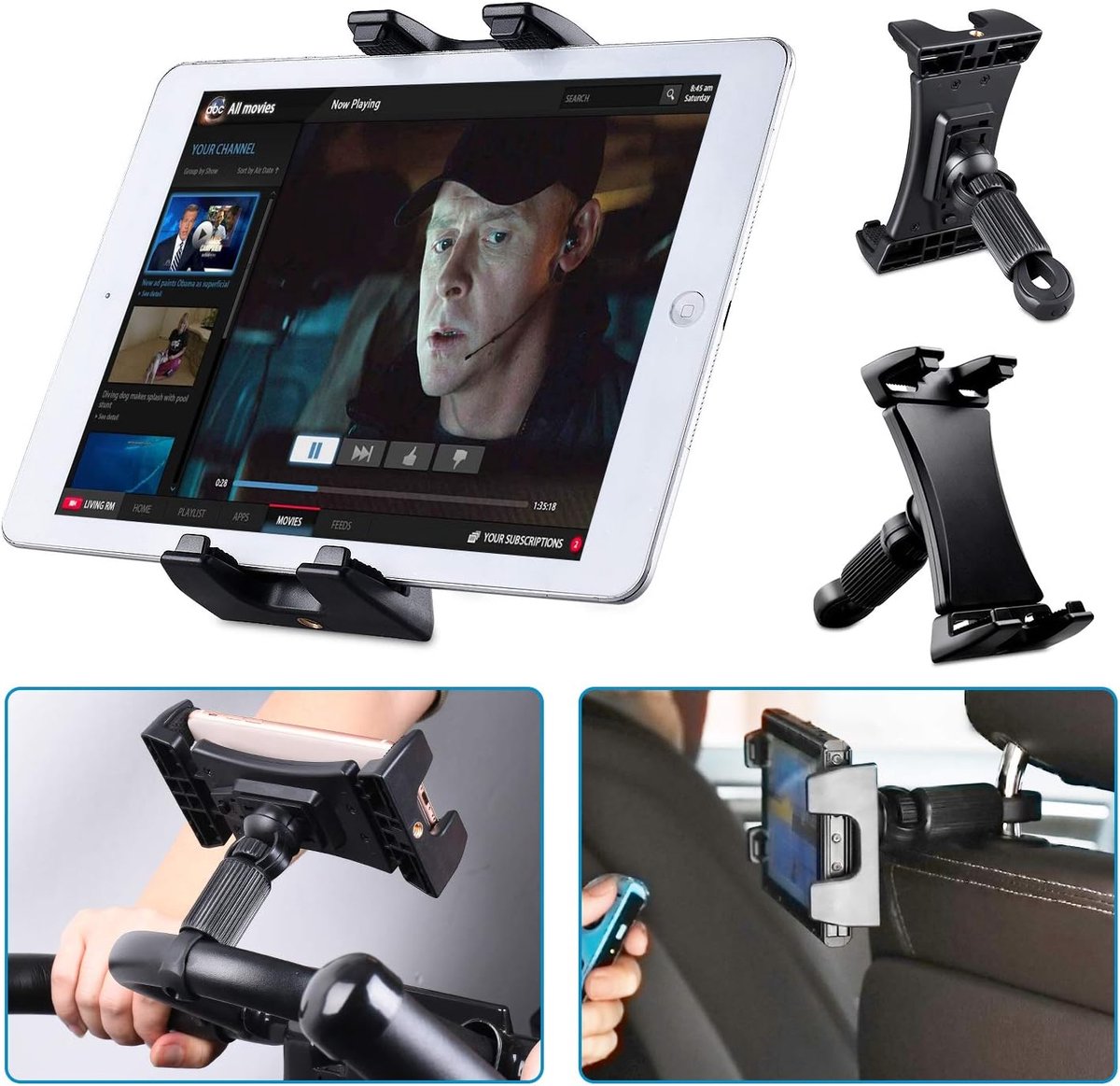 Sport Fiets Tablet Houder, 360° Instelbare Auto Hoofdsteun Loopband Gymnastiek Stuur Microfoonstandaard Houder voor iPad Pro iPad Mini iPad Air, 4,7-12,9 inch Tablet