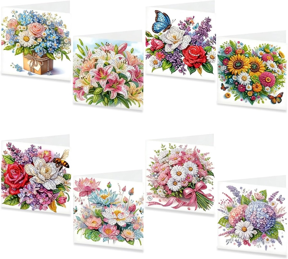 Diamond Painting Kaartenset, 8 stuks wenskaarten met diamantschilderij, 5D DIY Diamond bloemenkaarten met envelop, bedankkaart, vakantiekaarten, verjaardagskaarten voor vrienden familie (A)