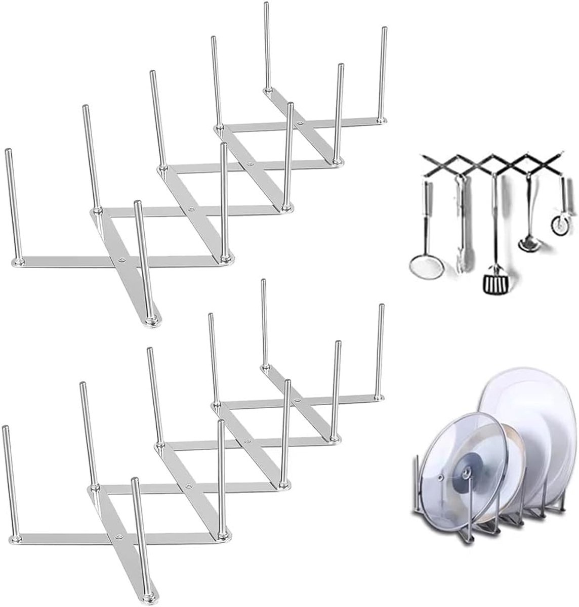 ribjeshouder van roestvrij staal, 2 stuks, verstelbare pannendekselhouder, lade, multifunctionele spareribhouder met 2 stuks zelfklevende haken, pannenorganizer voor keuken en grill