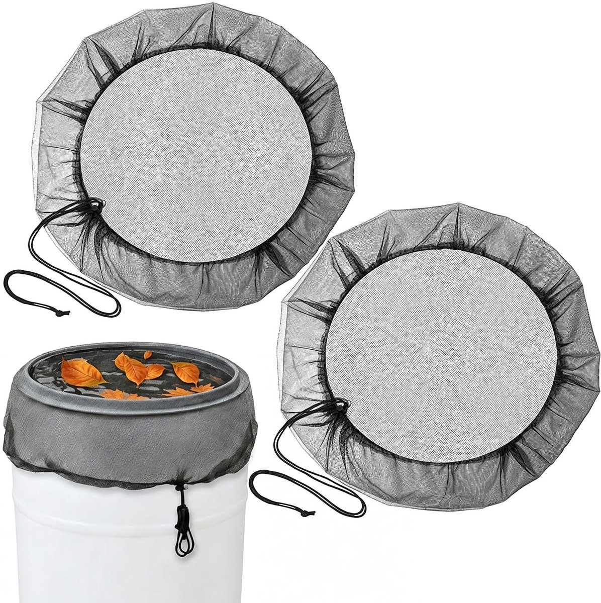 Regentonnet, Ø 60 cm Regenton Afdeknet met Trekkoord, Fijnmazig Insectengaatjes tegen Muggen, Bladeren en Vuil, Zwart