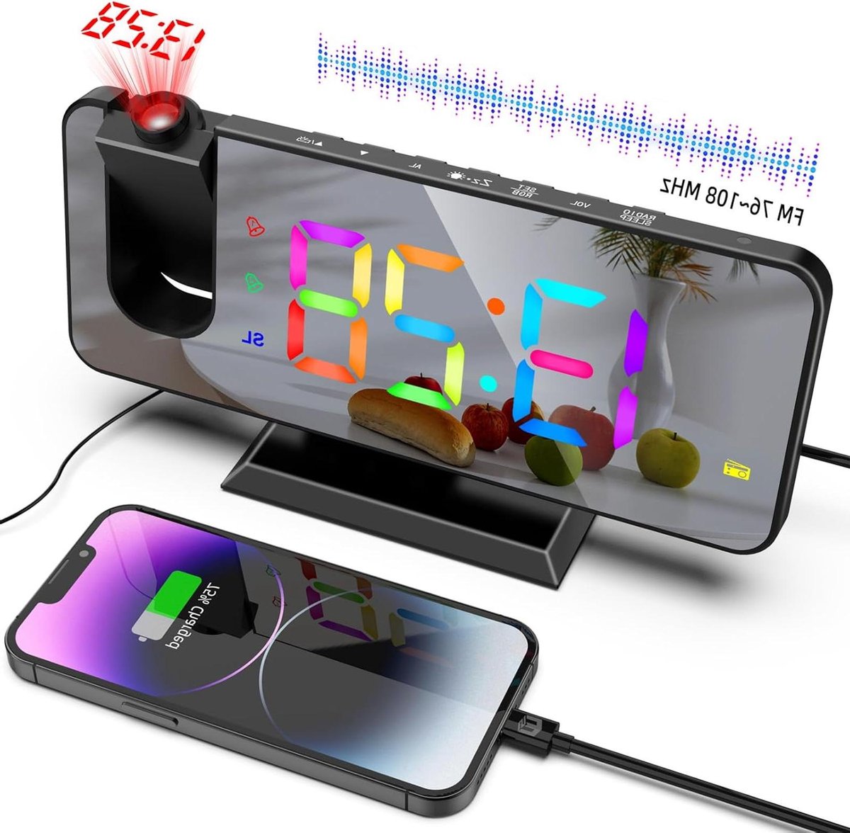 Projectie Wekker - Radio Wekker Spiegel - Wakker Worden - RGB Kleuren - 180 Graden - Zwart