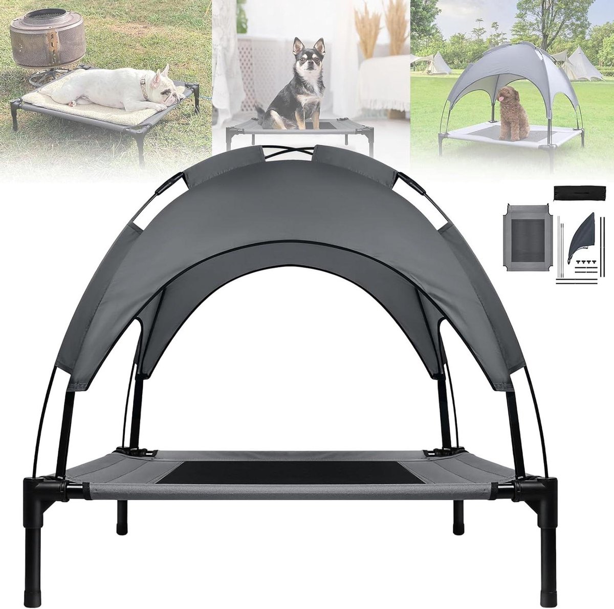 Huisdierbed met Luifel - Hondenmand Kattenmand - Buiten Ontspannen - Verhoogd Ademend Ontwerp - 76 x 61 x 76 cm
