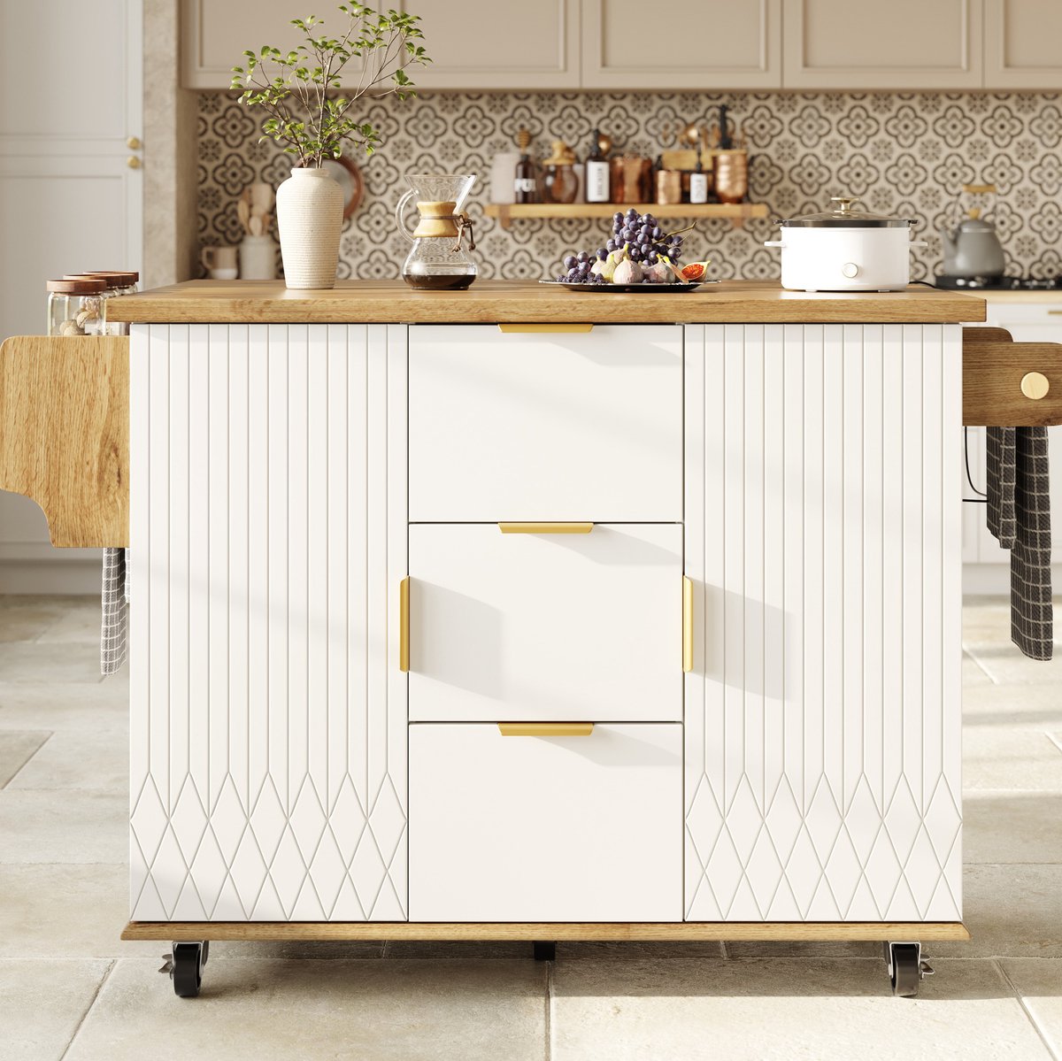MIVRAY Keukenkast - Mobiele Keukenwagen Met Uitklapbaar Werkblad En Stopcontact - Met Laden En Wielen - MDF En Metaal - Wit Houtlook - 134x46/74x88 Cm