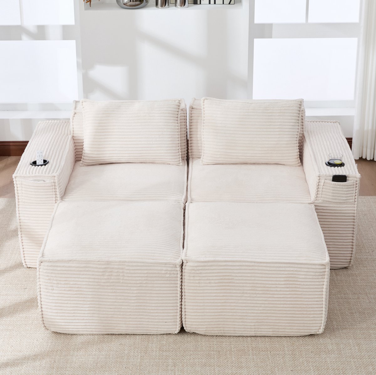 STILVORA Bank Set 188 x 162 cm - Modulaire 2-Zits Met 2 Hockers, Bekerhouders En Zijvakken - Voor Woonkamer En Appartement - Ribstof Beige