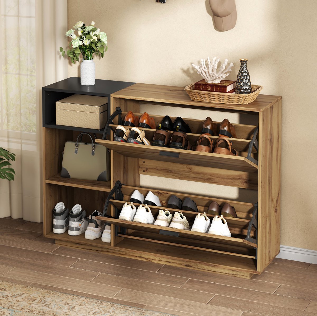 MIVRAY Schoenenkast - Met 3 Open Vakken En 2 Klepvakken Voor 12 Paar Schoenen - Voor Hal En Entree - MDF Naturel En Zwart - 120x32x84,5 Cm
