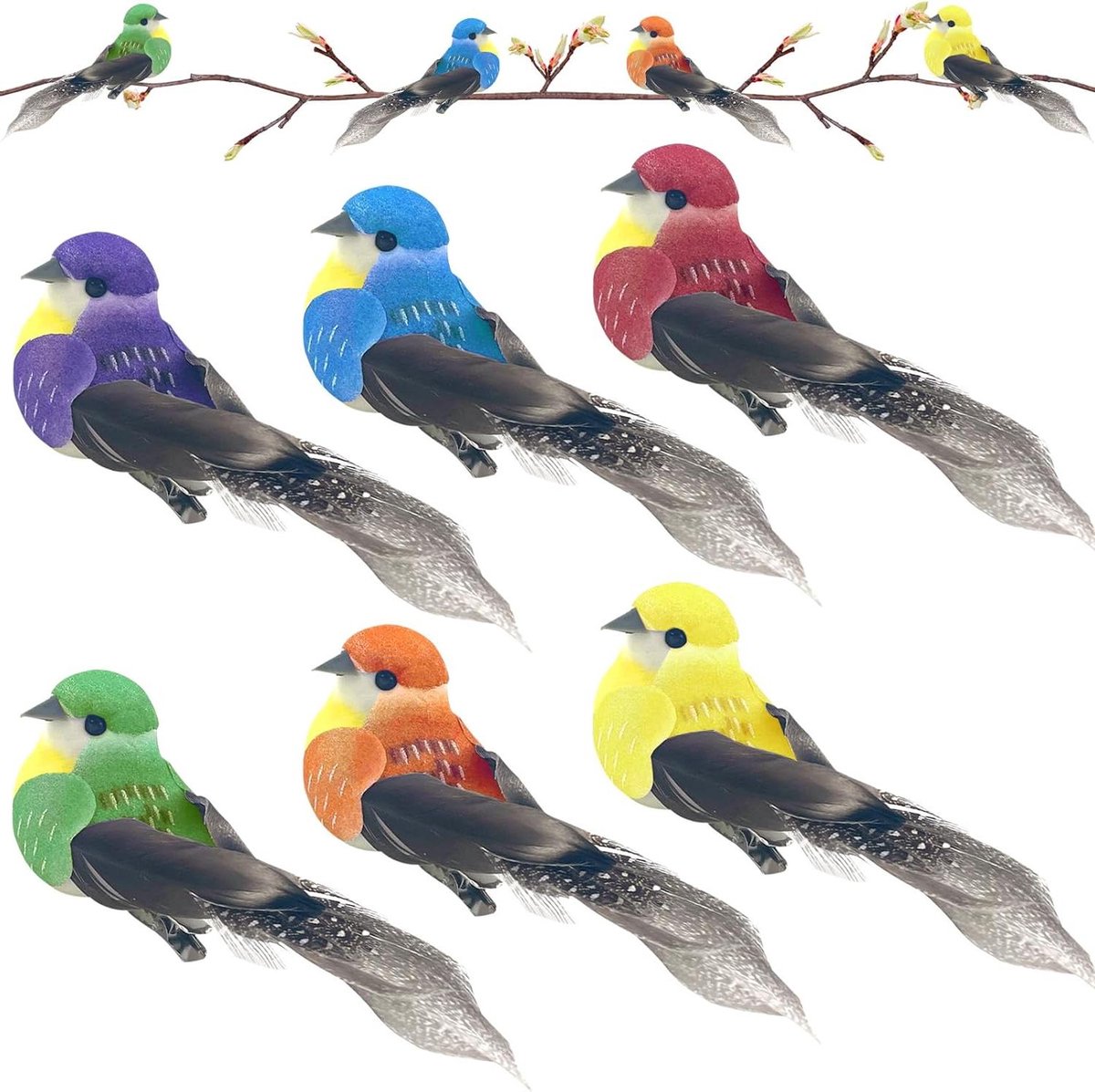 Decoratieve Vogels - Kunstvogels Figuurtjes - Tuin Decoratie - Met Clip - 6 Stuks - Veelkleurig