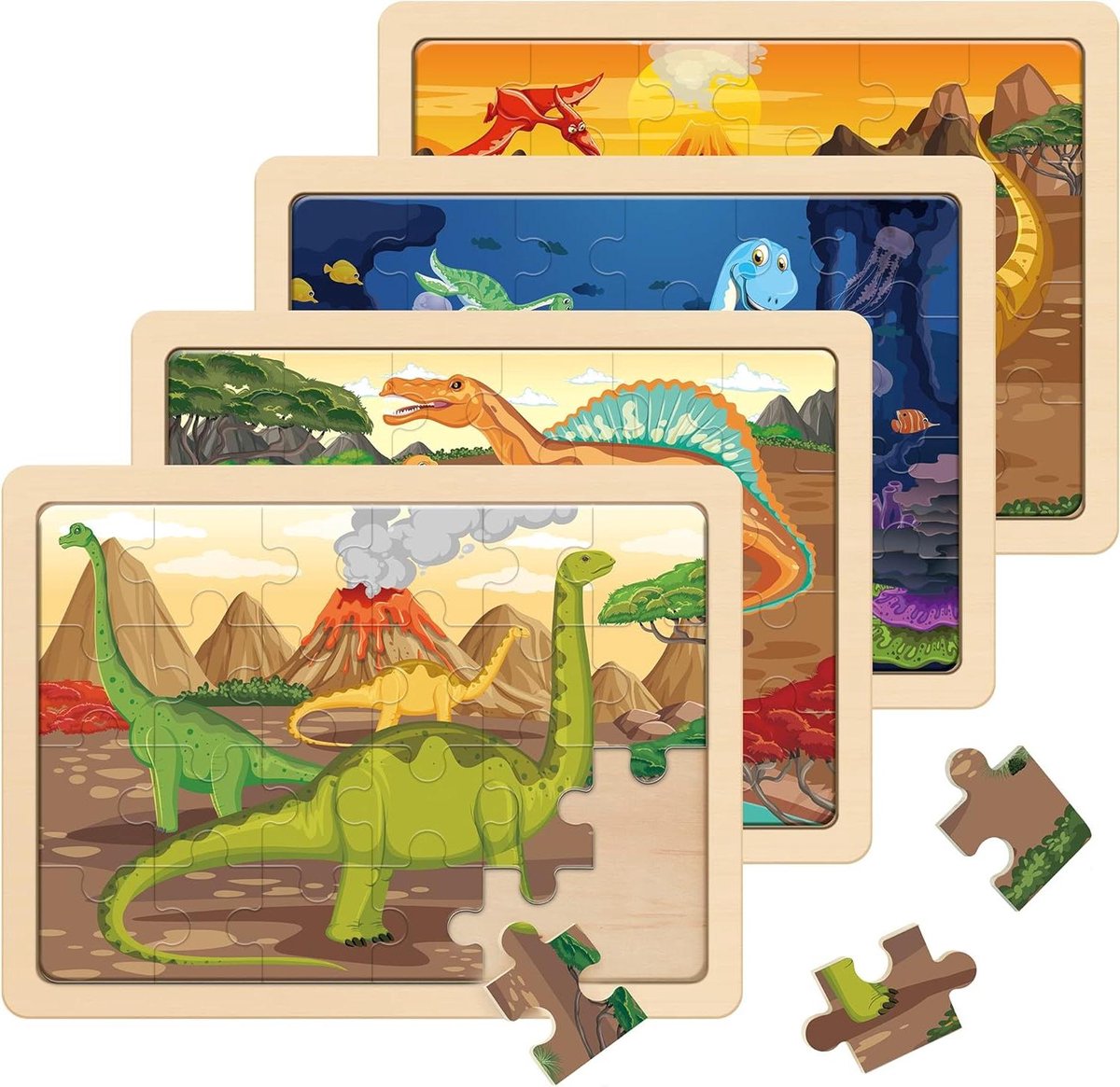 Houten Dinosaurussen Puzzel - Kinderspel Educatief - Ontwikkeling Vaardigheden - 4 Verschillende Thema's - 4x24 Stukjes - Multicolour
