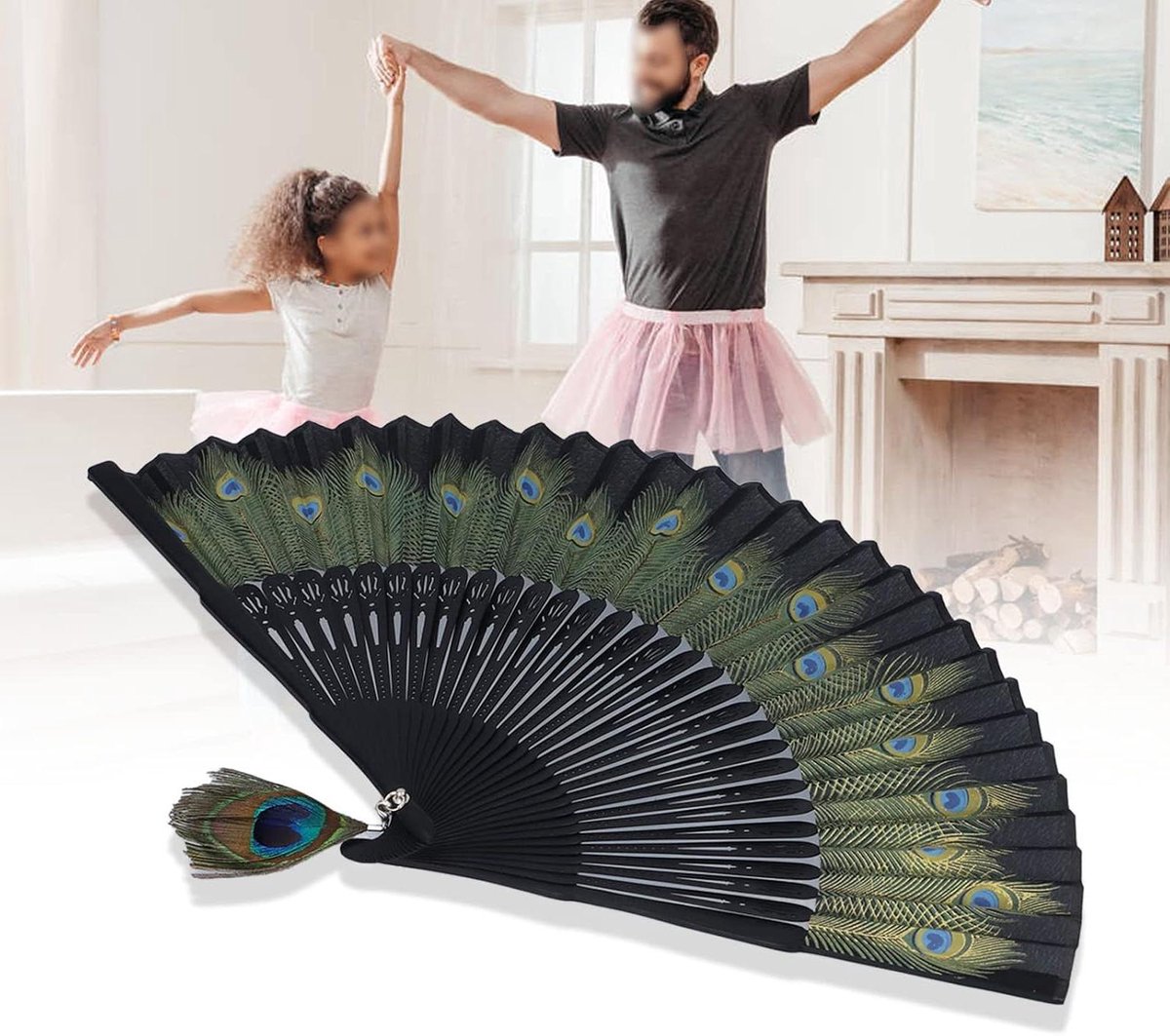 Opvouwbare Ventilator - Handwaaier Decoratie - Dans en Feest - Prachtig Pauwenpatroon - 38 x 21.5 cm - Zwart