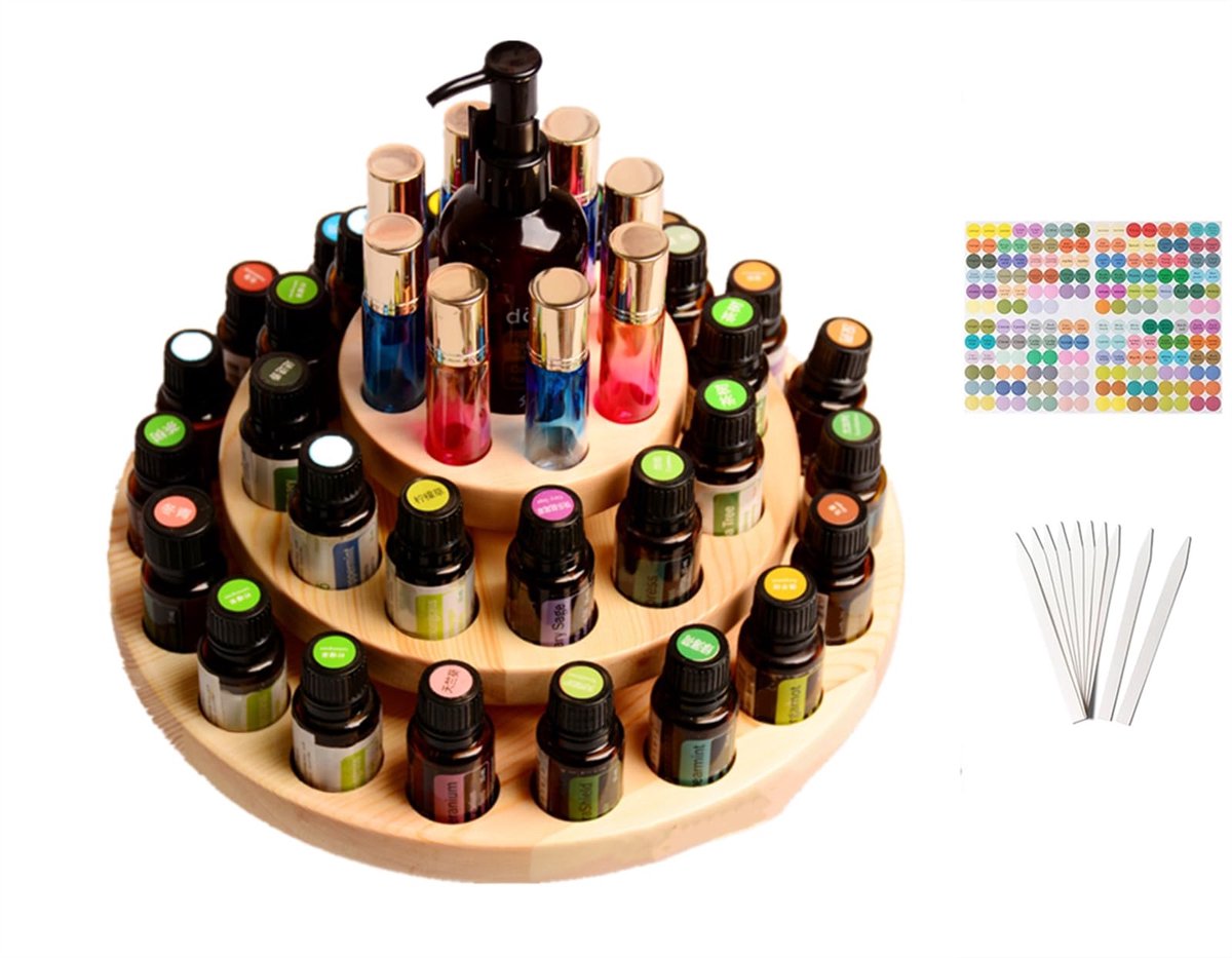 Luxe houten organizer voor etherische olie, 3 etages, houder, geuroliën, display standaard, 39 gaten, opbergdoos, ruimtegeuraccessoires voor nagellak, geuroliën, cosmetica, vlekken en