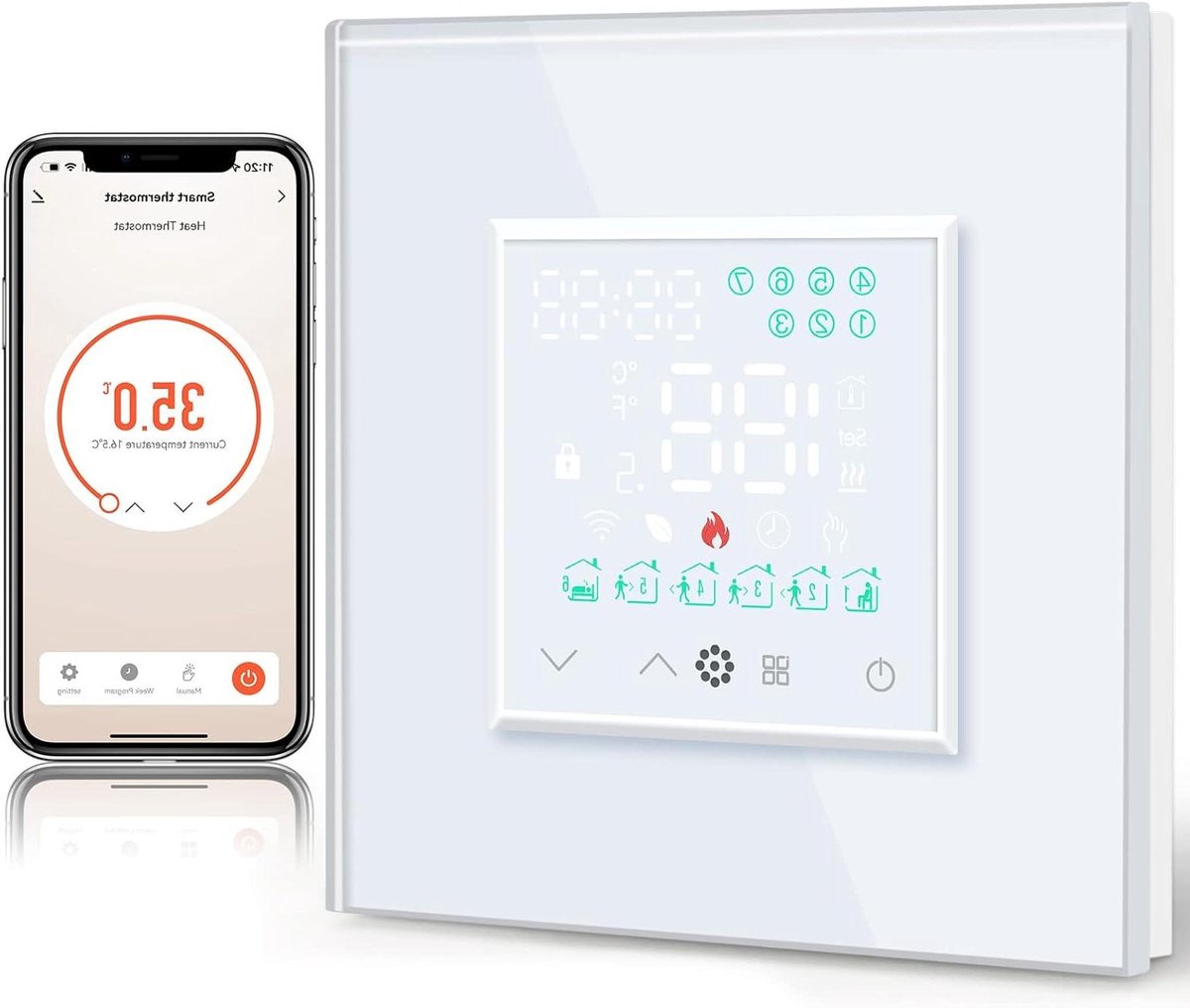 Slimme Thermostaat - Temperatuurregelaar - Verwarming Instellen - App & Spraakbesturing - 8.6 x 8.6 cm - Wit