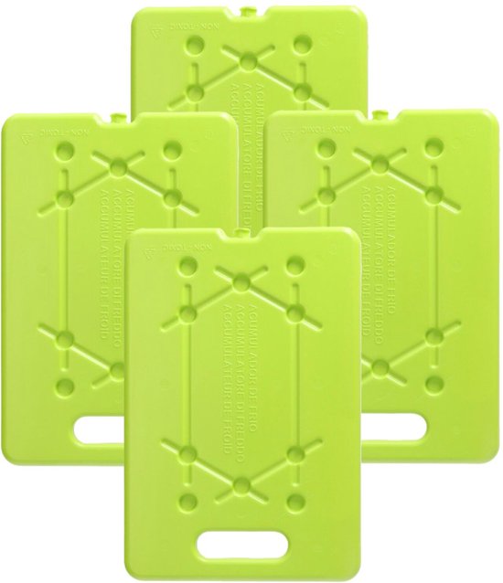 Quatre blocs réfrigérants Plasticforte vert lime sur fond blanc.