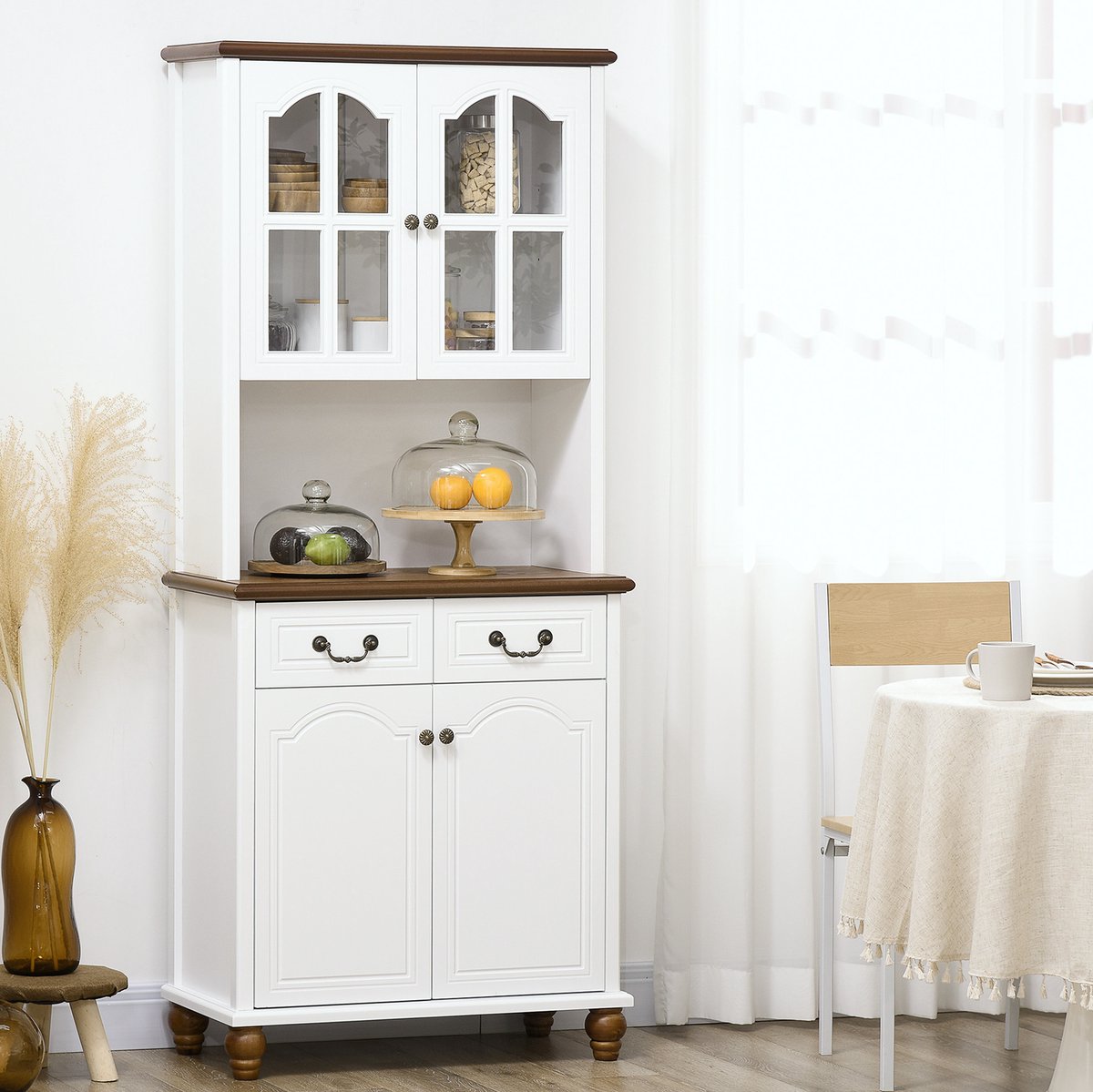 Wishdor - Keukenkast - 2 laden - glasdeuren en open vak - hoog dressoir - woonkamer, keuken, eetkamer - wit - 76 x 38 x 182 cm