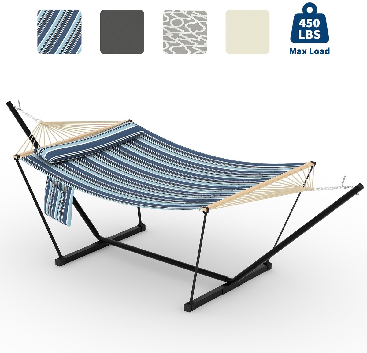 Hangmat Groot met Houten Spreidstok - 2 persoons - Stalen Standaard - Schommelbed - Verstelbare - Afneembaar Kussen - 200kg Draagvermogen - Voor Tuin Terras Strand - Blauwe Strepen