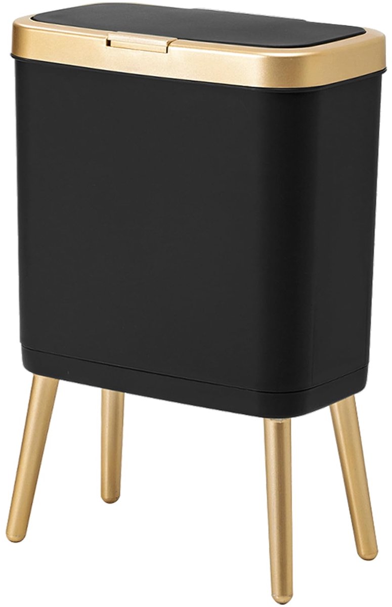 Prullenbak Met Deksel, Zwarte Badkamer Vuilnisbak Met Gouden Rand, Moderne Smalle Plastic Bak Met Poten Voor Slaapkamer, Woonkamer, Keuken, Toilet