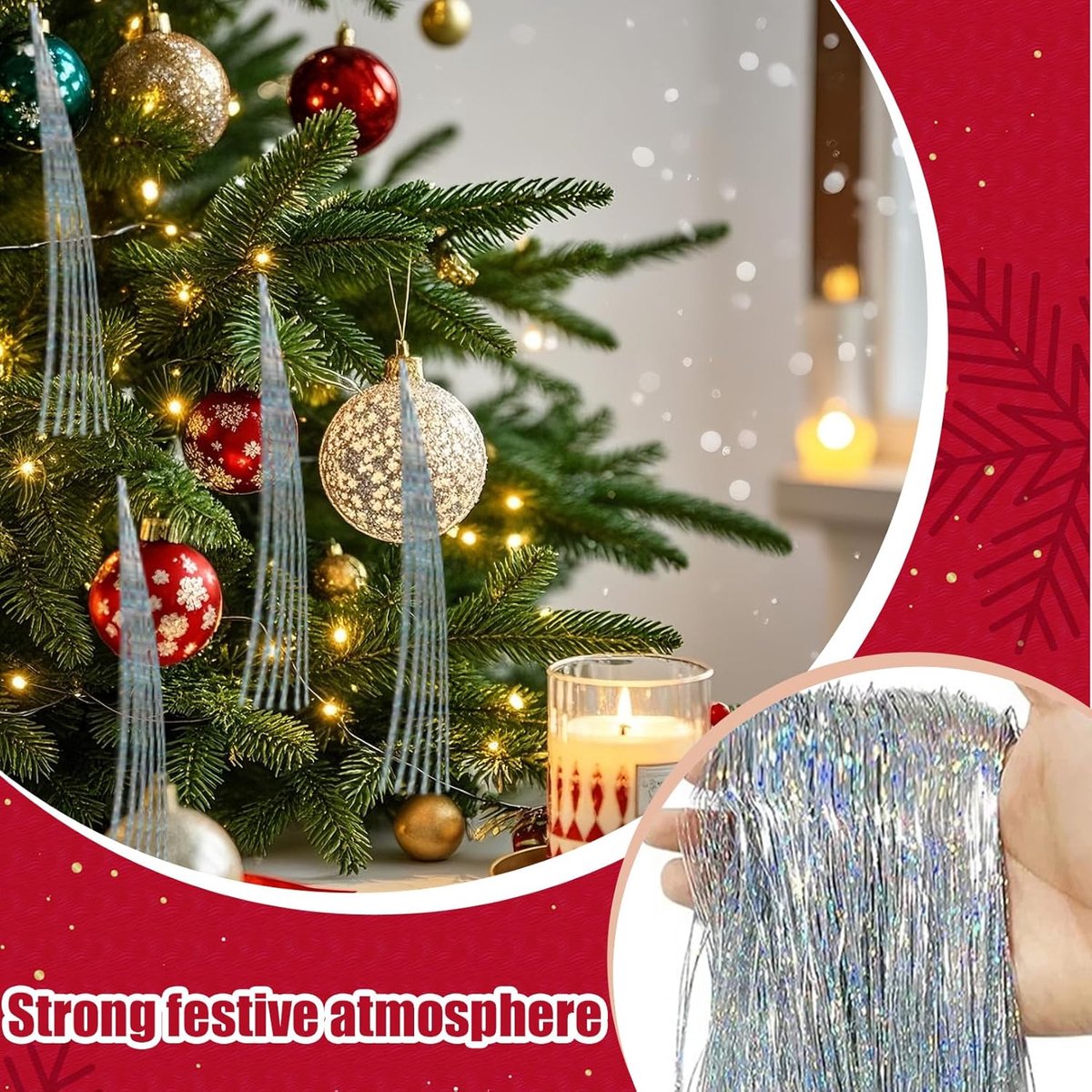 Lametta Kerstboom Decoratie - Glitter Gordijn Kerst - Kerstboom Versieren - 3000 Sprankelende Draden – foto 2