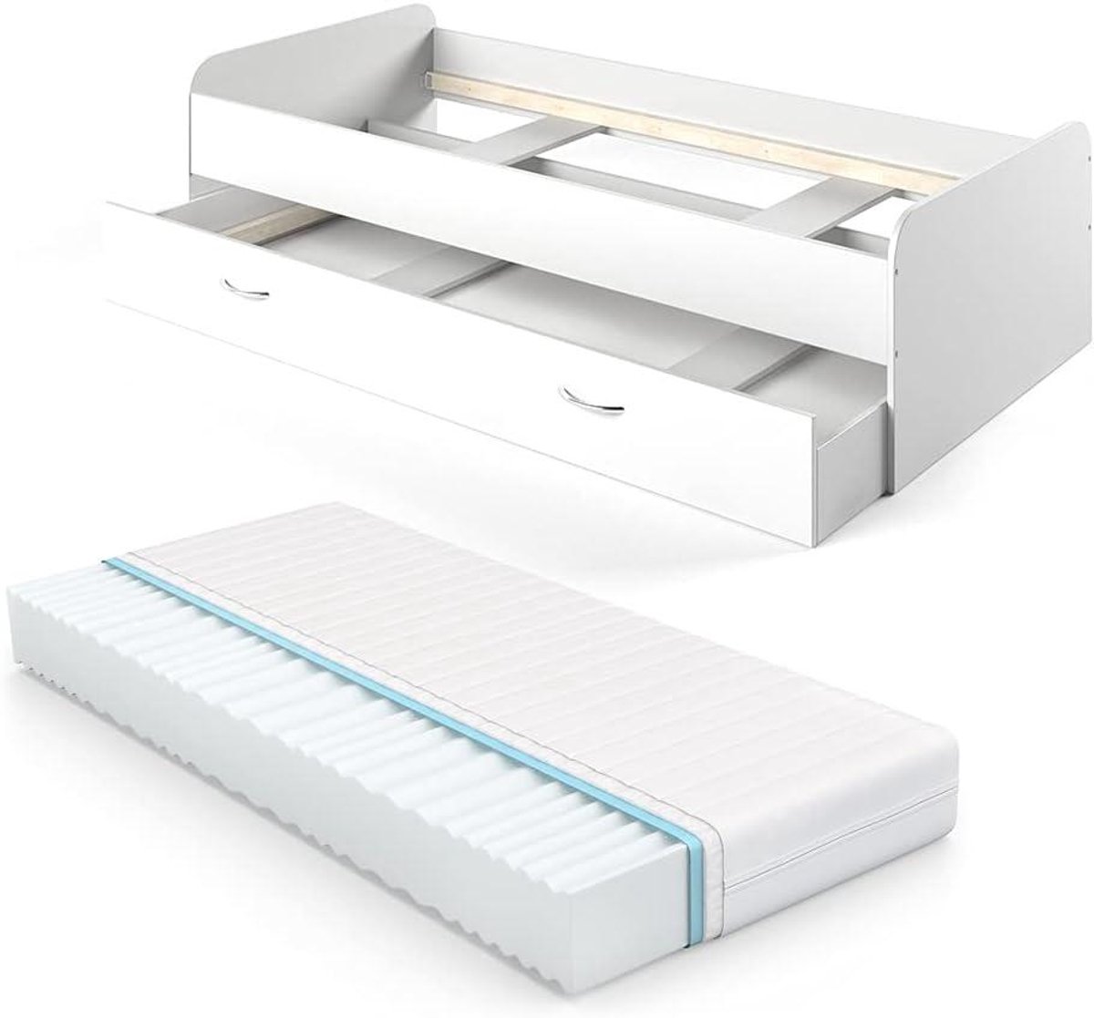 Kinderbed met Matras - Tienerbed Uitschuifbaar - Logeerplek Creëren - Flexibel Uittrekbaar - 90x200 cm - Wit