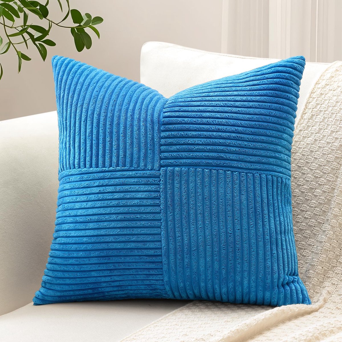 Corduroy kussensloop, kruisstrepenpatroon, corduroy, kussenslopen, bankkussen, sierkussen, patchwork, decoratie, sierkussensloop, kussenhoes voor woonkamer (60 x 60 cm, blauw)