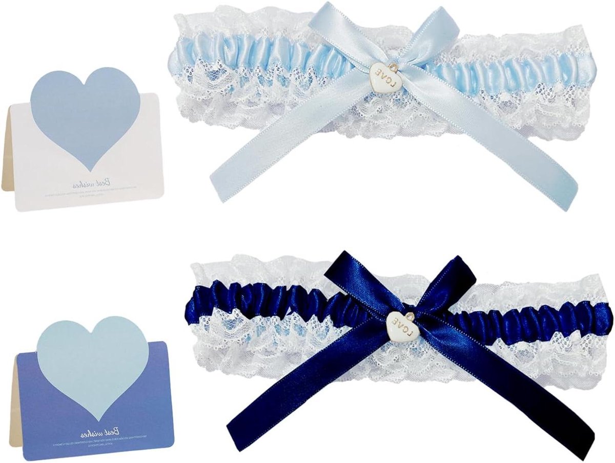 Kousenband Set - Bruidsaccessoires Been - Bruiloft Decoratie - Met Wenskaarten - 35-60 cm - Donkerblauw Hemelsblauw
