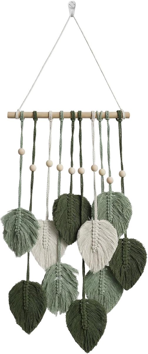 Decoratieve boho-makramee, handgeweven wandtapijt, versierd met houten kralen en groene bladeren, voor de woonkamer en slaapkamer, voor het creëren van unieke wanddecoraties