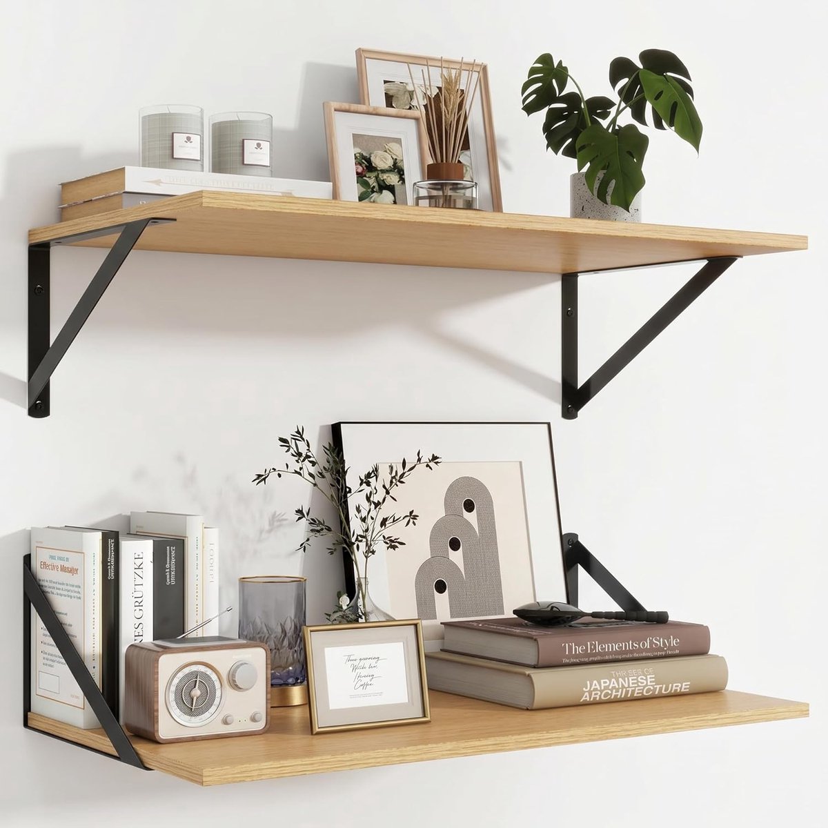 Set van 2 wandplanken, wandplanken, 60 x 30 cm, houten wandrek met metalen houder, wandplank voor woonkamer, badkamer, keuken, werkkamer, slaapkamer