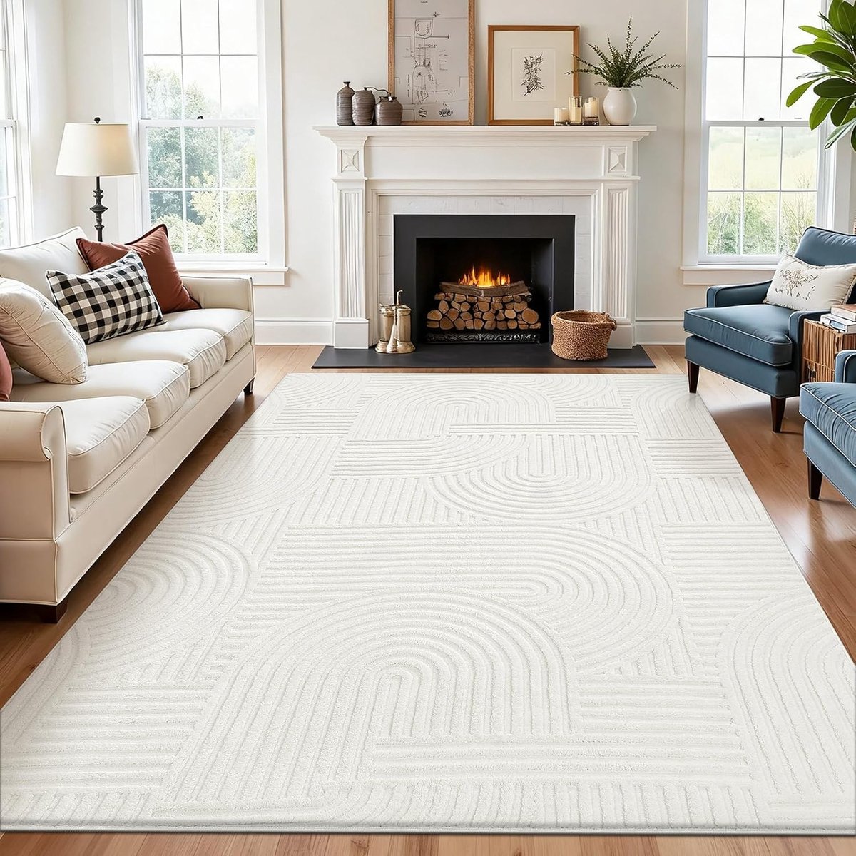 Groot pluizig laagpolig tapijt, wasbaar, antislip, modern, voor slaapkamer en eetkamer, 200 x 290 cm, crème