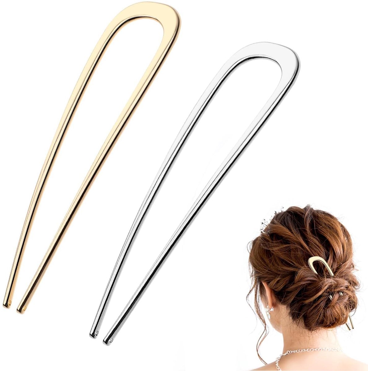 U-vormige Franse haarspelden, 2 stuks gouden vintage haarvorken voor opgestoken knot, krullen, elegante Franse twist haarspelden voor vrouwen, decoratieve haaraccessoires voor alle