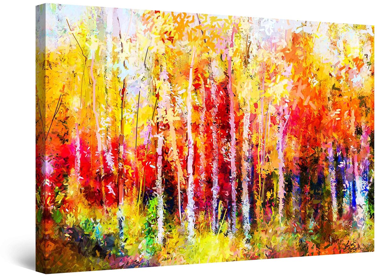 Canvas Wall Art Abstract - Gekleurd Landschap Bos Bomen Italië Schilderij - Groot Ingelijst 80 CM X 120 CM