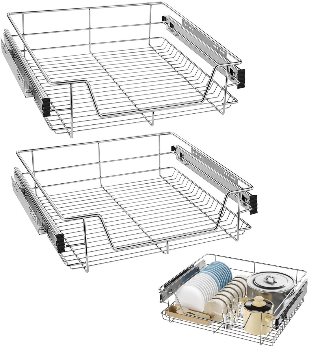 lade, 2 x 60 cm, keukenlade, opbergmand, mand uittrekbaar met railsysteem voor keukenkast, keukenrek