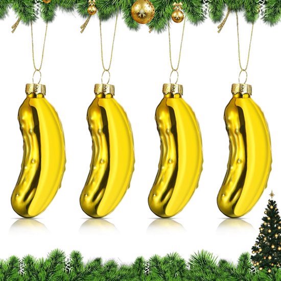 4 Pieces Kerstboomdecoratie - Glazen Komkommer - Kerstversiering met Komkommer - Kerstboomhanger voor Feestdagen (goud)