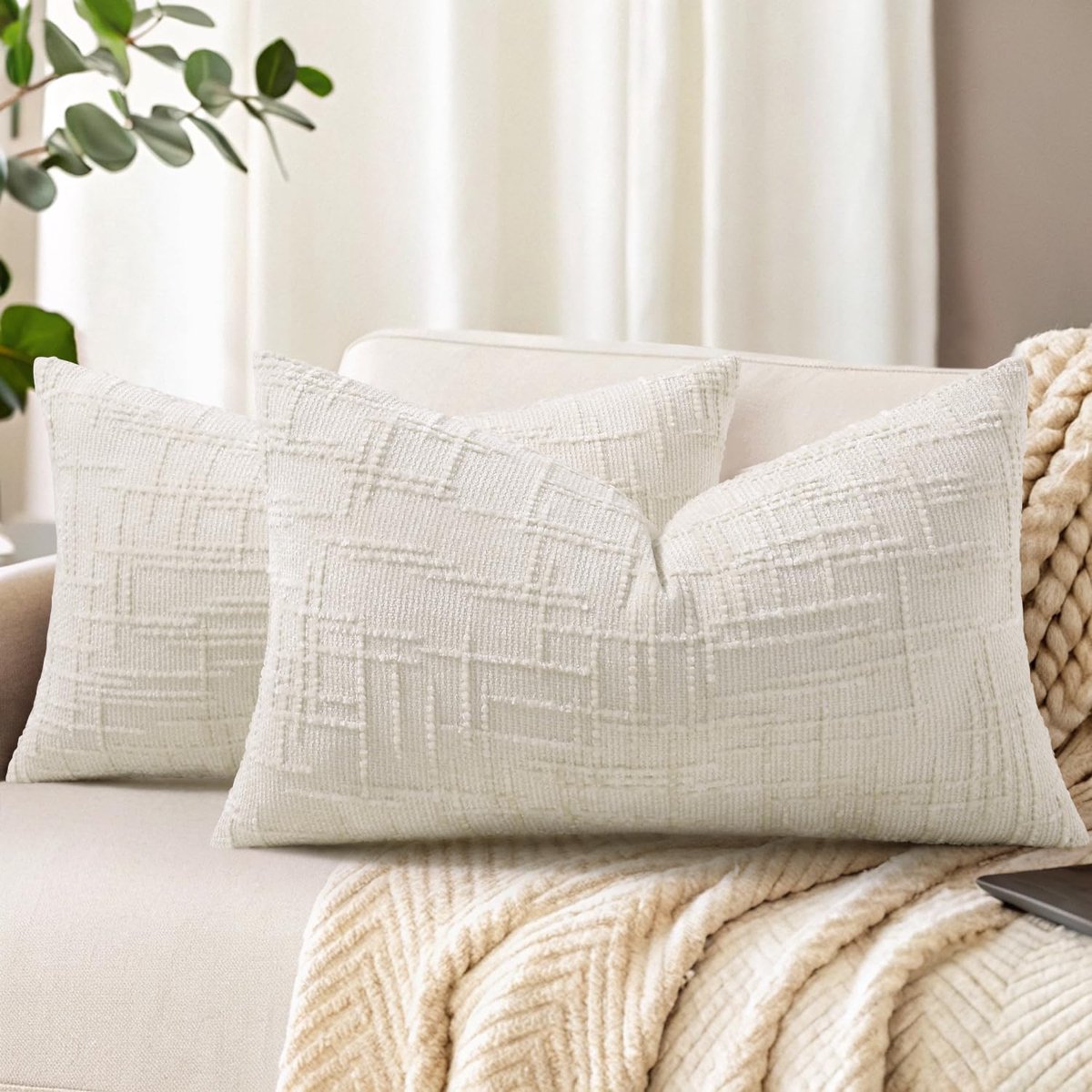 Set van 2 Chenille kussenhoezen, 30 x 50 cm, zachte decoratieve sofakussen, kussenovertrekken met bamboe-naad textuur, sierkussenhoezen voor woonkamer, slaapkamer, heimdecoratie, crèmewit