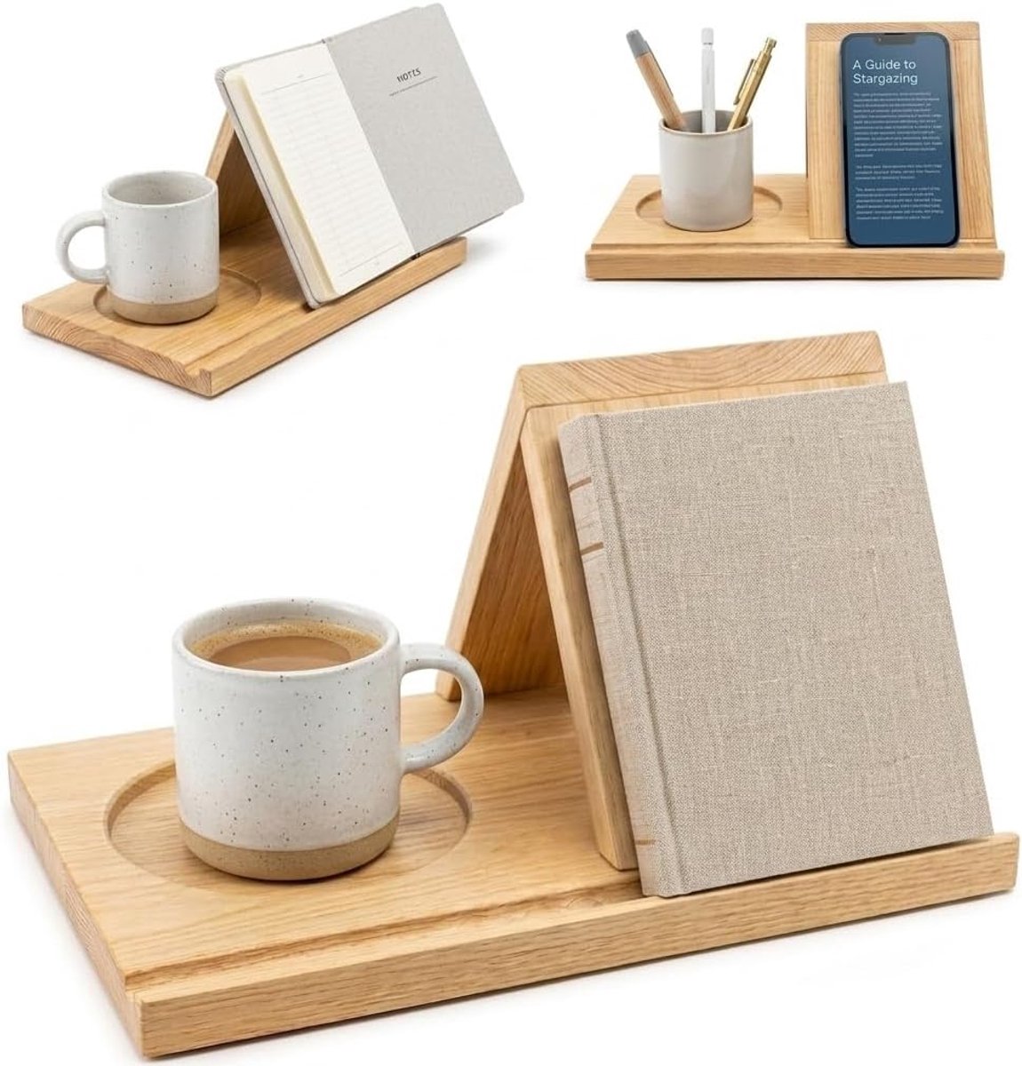 Boekenstandaard van hout, driehoekig leescult, voor boekenkast, tablets en e-readers, lezen, boeken en nachtkastje, boekenhouder voor bureau, cadeaus voor leesatten