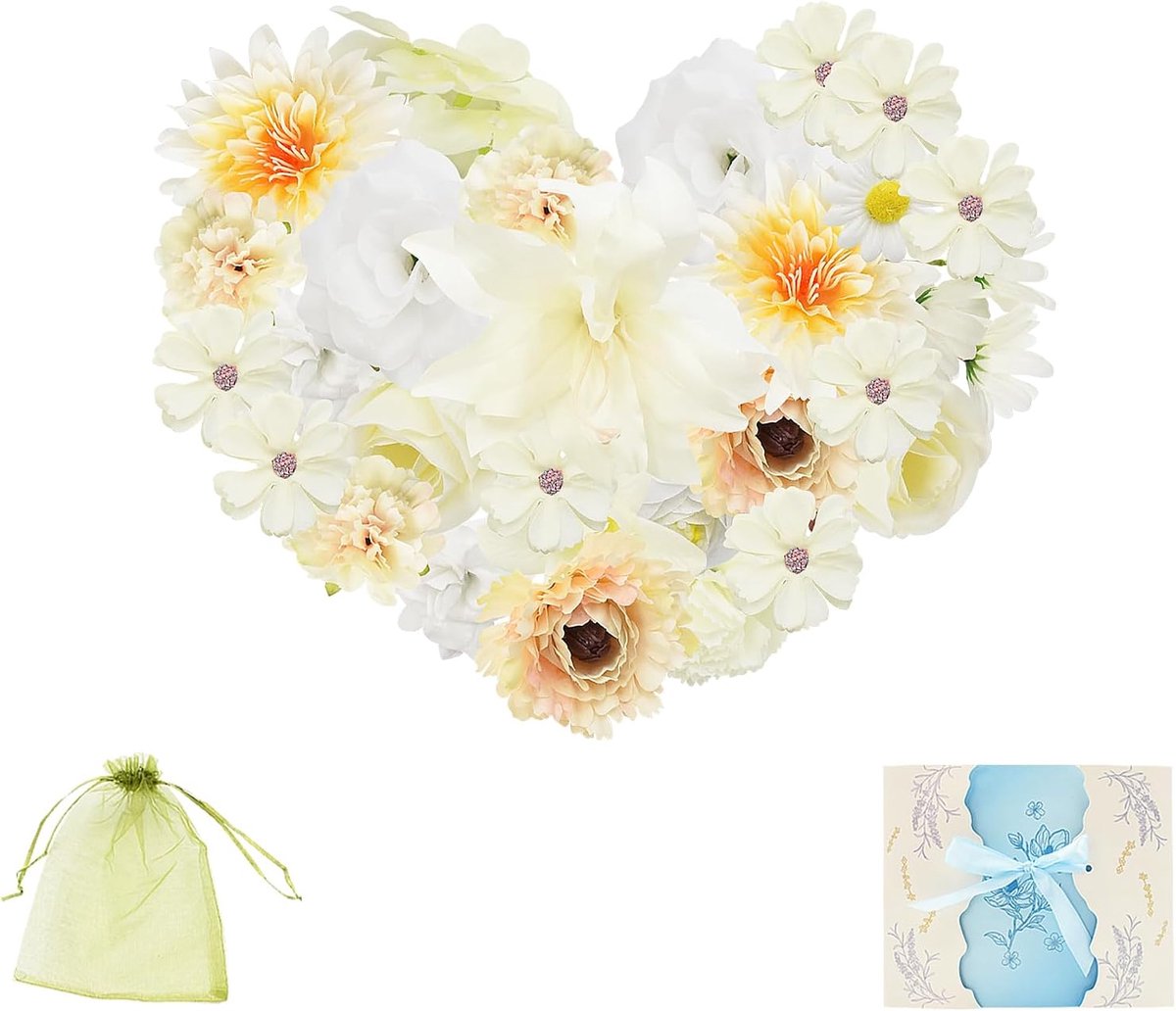 40 stuks kunstbloemkoppen voor decoraties, mini decoratieve Bloemen voor bruidsboeket, wandbord, bruiloftsfeest, slinger, scrapbooking, huis (Wit)