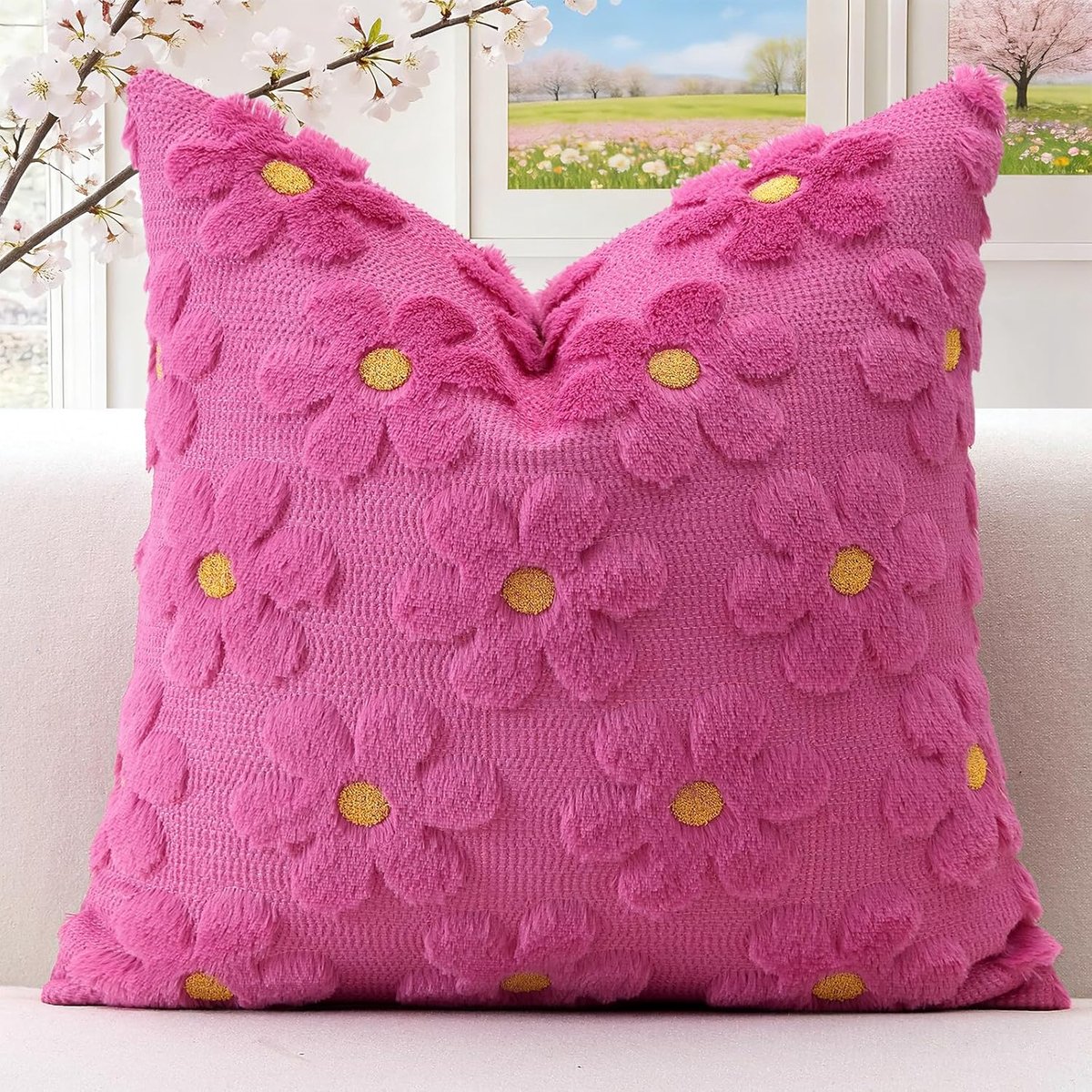 1-delige set wollen bloemen kussensloop zacht pluche kort wolfluweel decoratieve kussenhoezen lente zomer kussensloop seizoensgebonden bankkussen voor bank slaapkamer roze rood 45 x 45 cm