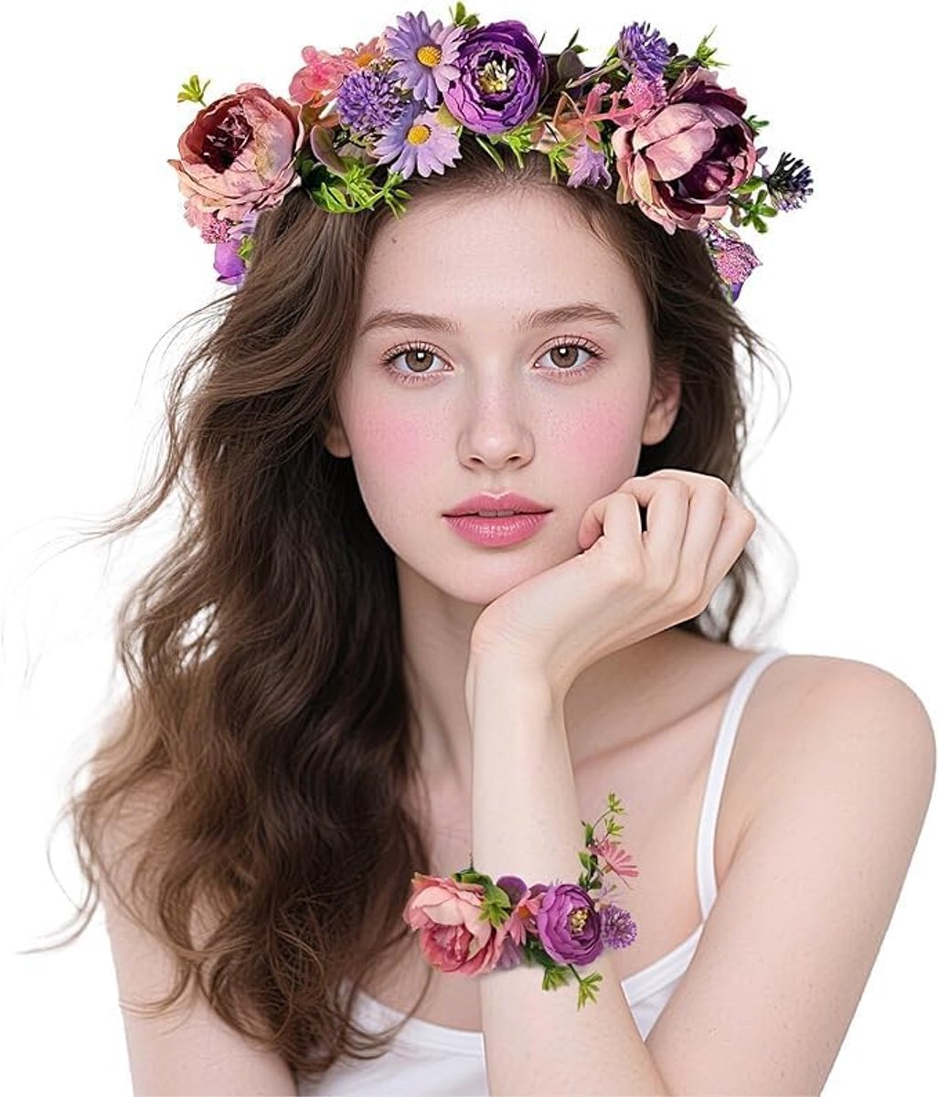 Bloemenkrans, bloemen, kroon, hoofdband met armbandset, haarslinger, bloemenkrans, bloemenkrans, instelbaar, voor dames, bruiloft, ceremonie, festival, feest, strand