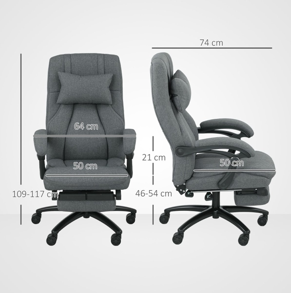 MEUNIQ massage bureaustoel met USB vibratiekussen, uitschuifbare voetsteun, 360° wielen en verstelbare zithoogte, ergonomische rugleuning, donkergrijs