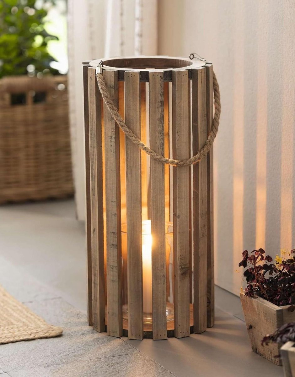 Houten Lantaarn - Kaarslantaarn Decoratief - Sfeerverlichting Creëren - Gerecycled Hout Uniek - Ø 28 x 58 cm - Natuurlijk