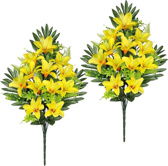 Kunstbloemen Graf - Nep Lelies Boeket - Herdenking Decoratie - Realistisch Ontwerp - 48cm Hoog - Geel