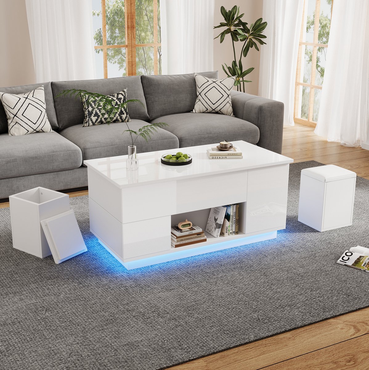 HAUSS SPOLE Salontafel - In Hoogte Verstelbaar Met LED - Met 2 Lades En 2 Opberghockers Voor Woonkamer - Spaanplaat - 100x50x45 Cm - Wit