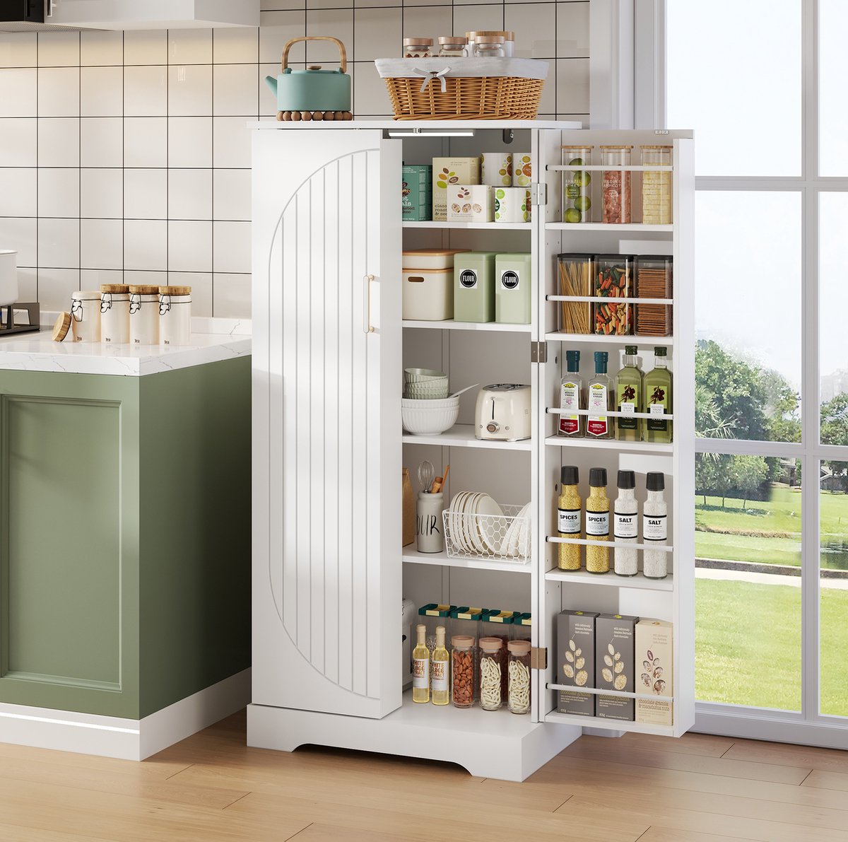 HAUSS SPOLE Keukenkast - Met Led Sensorverlichting En Verstelbare Planken - Voor Keuken En Woonkamer - MDF En PB - 60x35x128 Cm - Wit