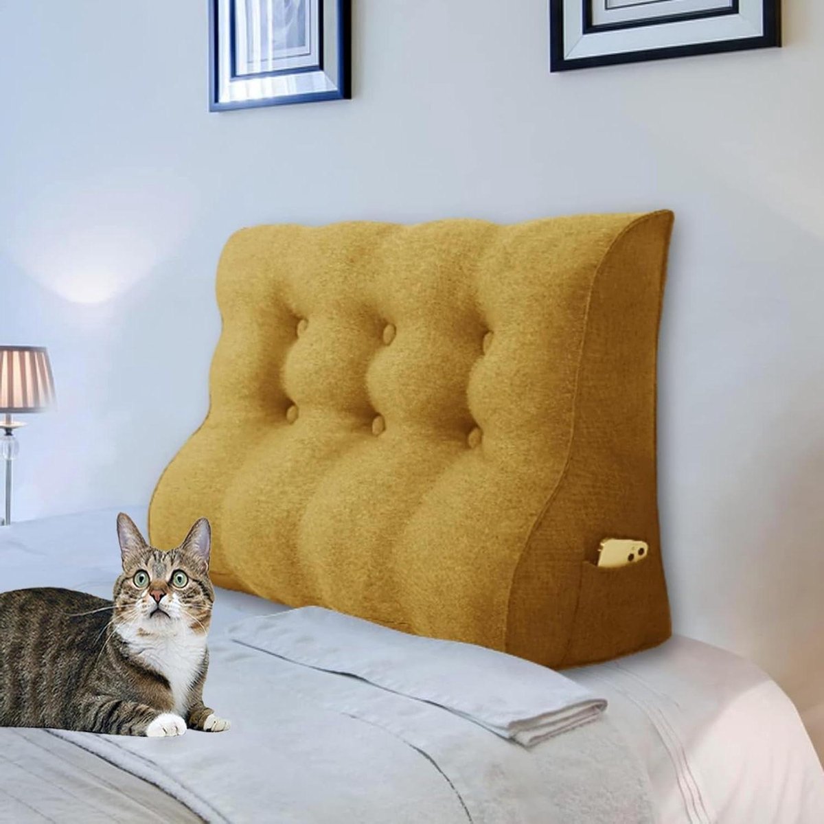 Driehoekig Rugkussen - Leeskussen Bedkussen - Ontspannen Lezen - Ergonomisch S-vormig Design - 100 cm - Geel