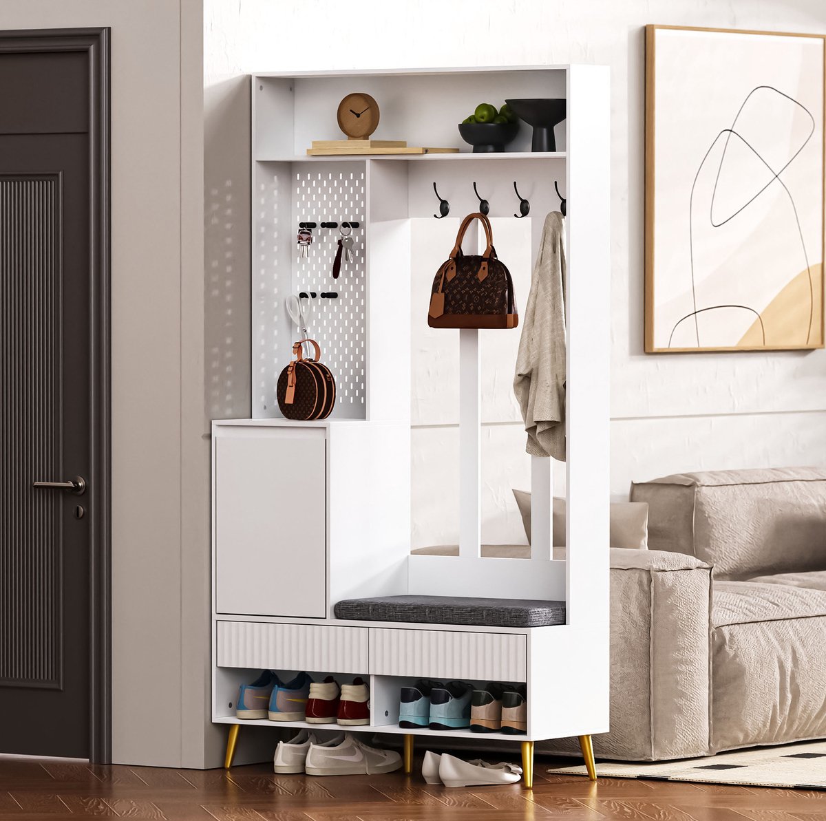 HAUSS SPOLE Kledingrek - Garderobeset Met Schoenbank En 4 Haken - Met 2 Laden En 1 Deur Voor Hal En Entree - MDF - 100x35x180 Cm - Wit