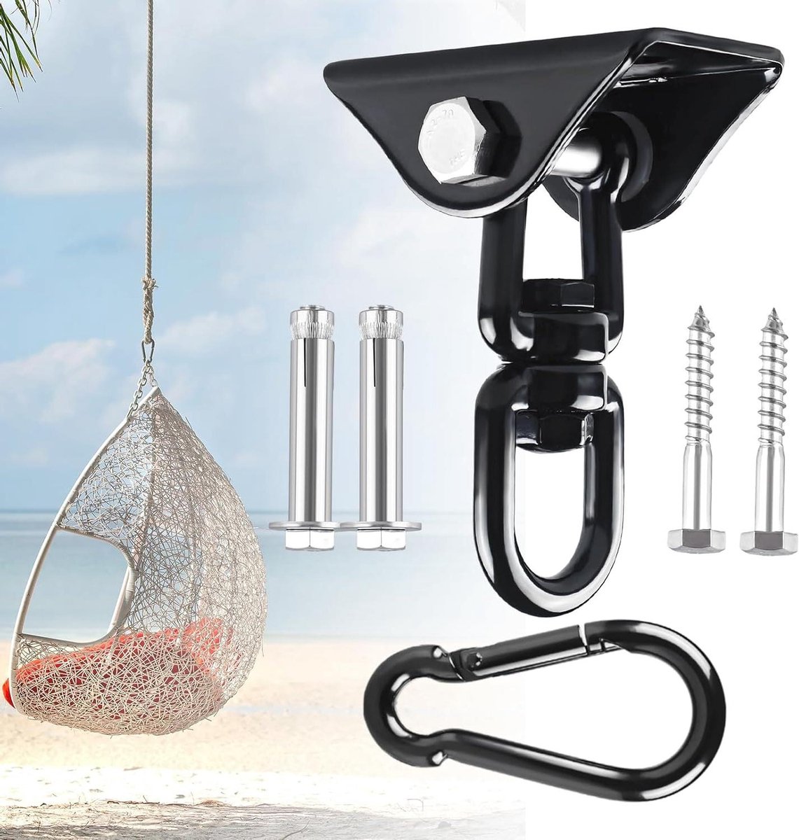 Hangmat Ophangset - Schommelhaak Set - Ontspannen Buiten - Roestvrij Staal 304 - 1200 LBS Capaciteit - Zwart