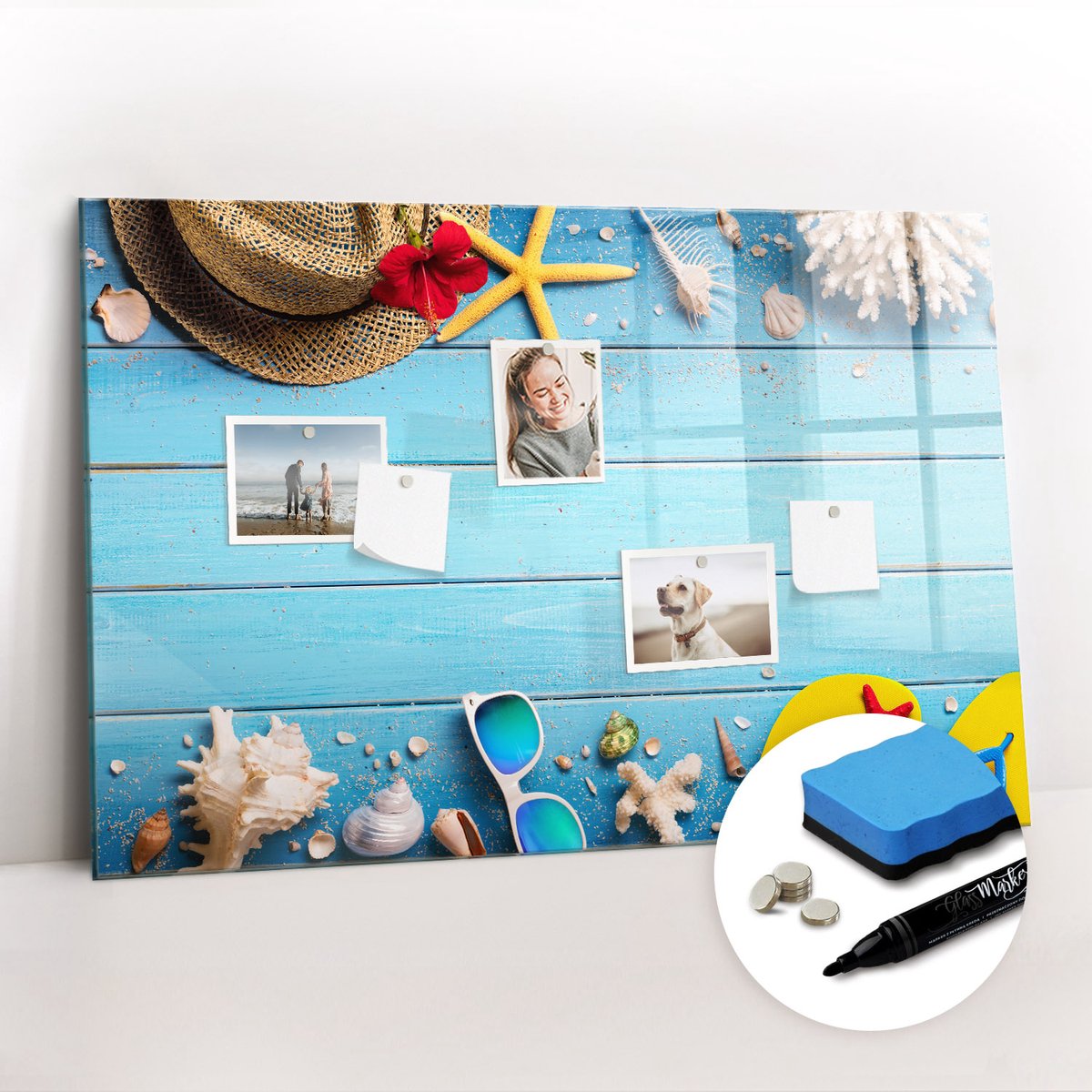 Tulup Whitebord - Zomerse strandaccessoires - 90 x 60 cm - Veelkleurig Magnet Board - Gratis 5 Sterke Magneten + Whiteboard Marker & Wisser - Organizer Muur - Memo Bord - Notitiebord Werkplek