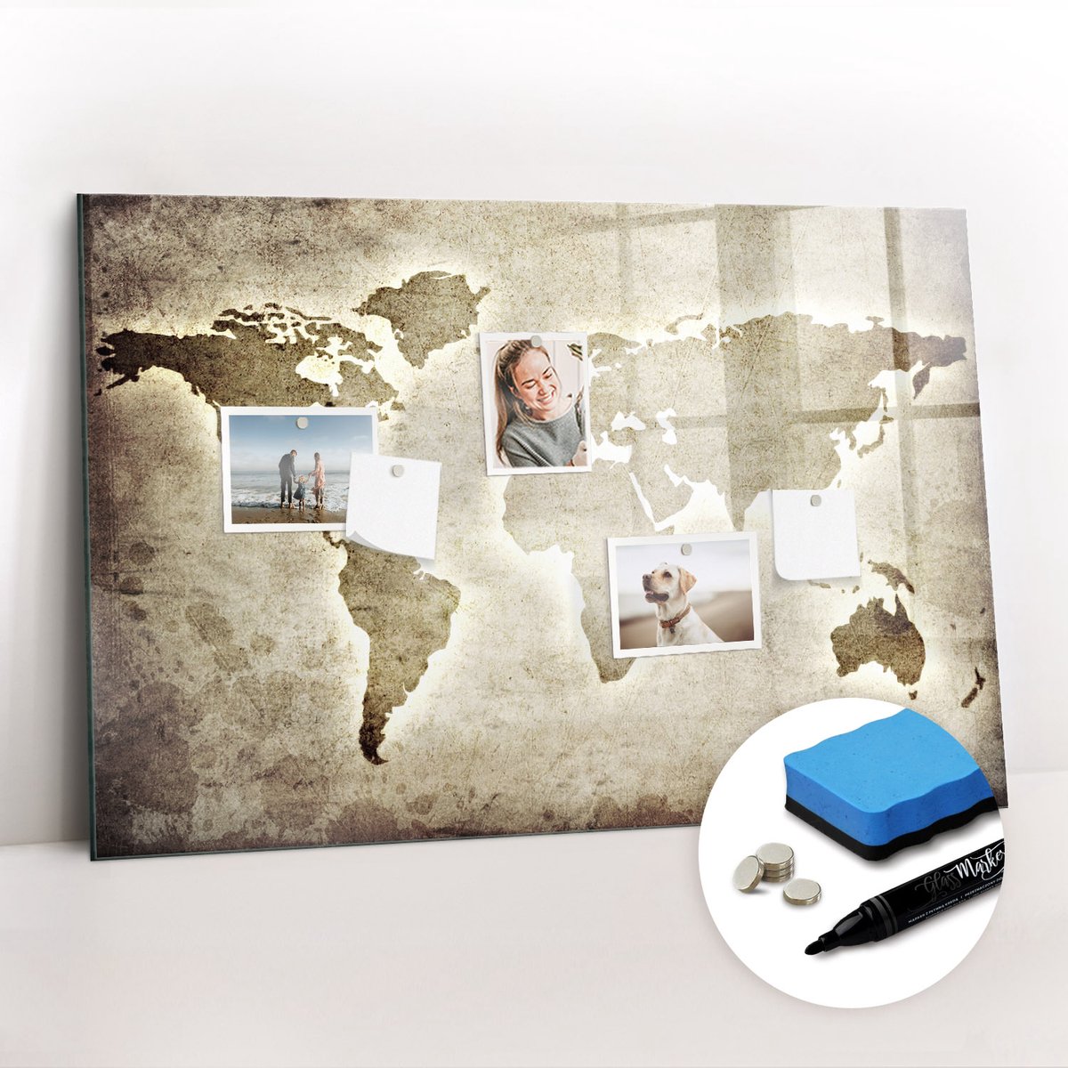 Tulup Whitebord - Aardbolkaart - 90 x 60 cm - Grijs Memobord Keuken - Gratis 5 Sterke Magneten + Whiteboard Marker & Wisser - Stylish Memo Board - Magnetisch Bord - Planning Muur
